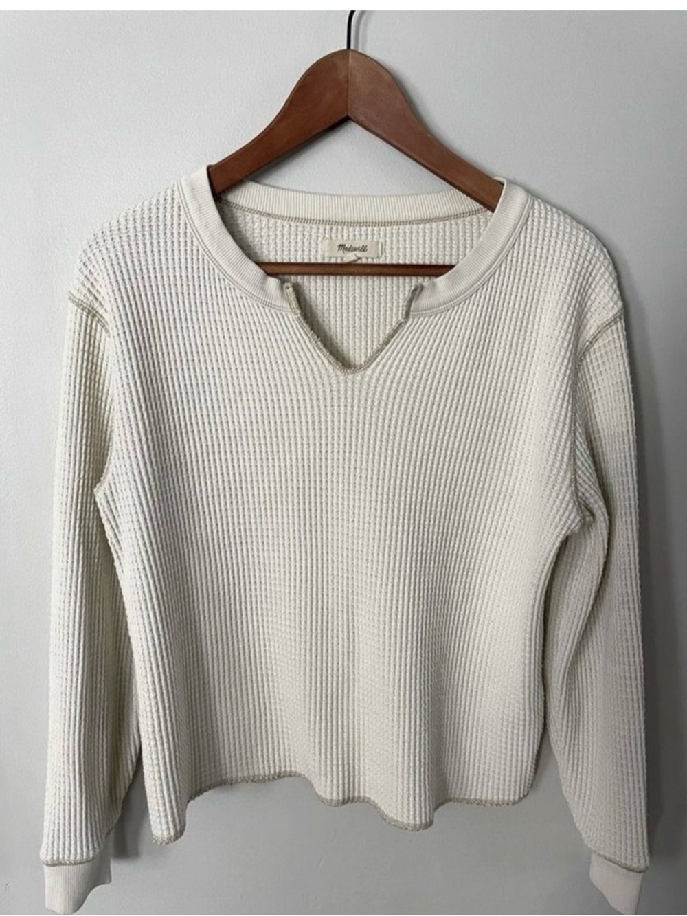 Madewell Off-White Waffle-Knit V-Notch Crew Sweater